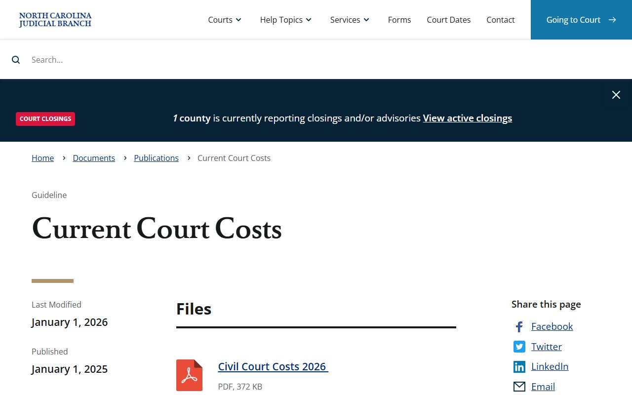 Forsyth County clerk of superior court current court costs chart