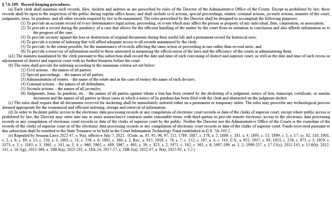 Forsyth County clerk of superior court records statute G.S. 7A-109