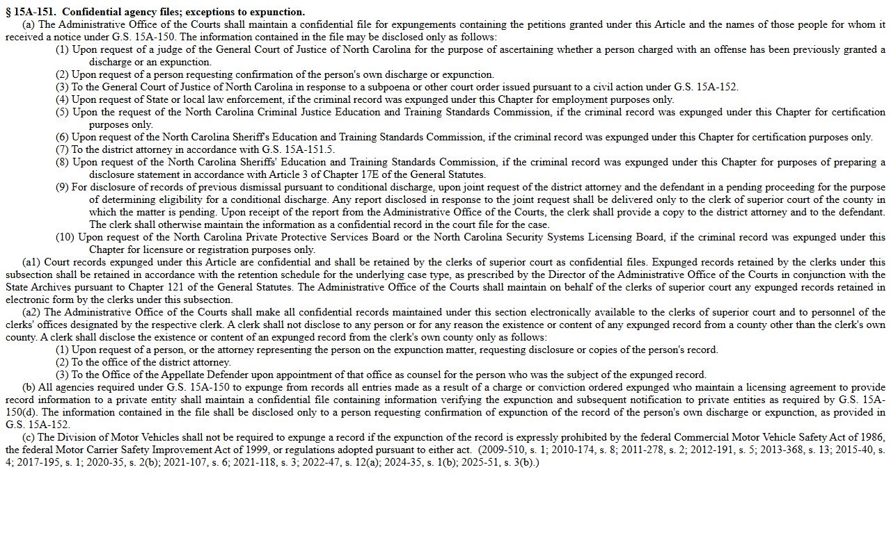 Forsyth County arrest records confidential AOC expunction file statute