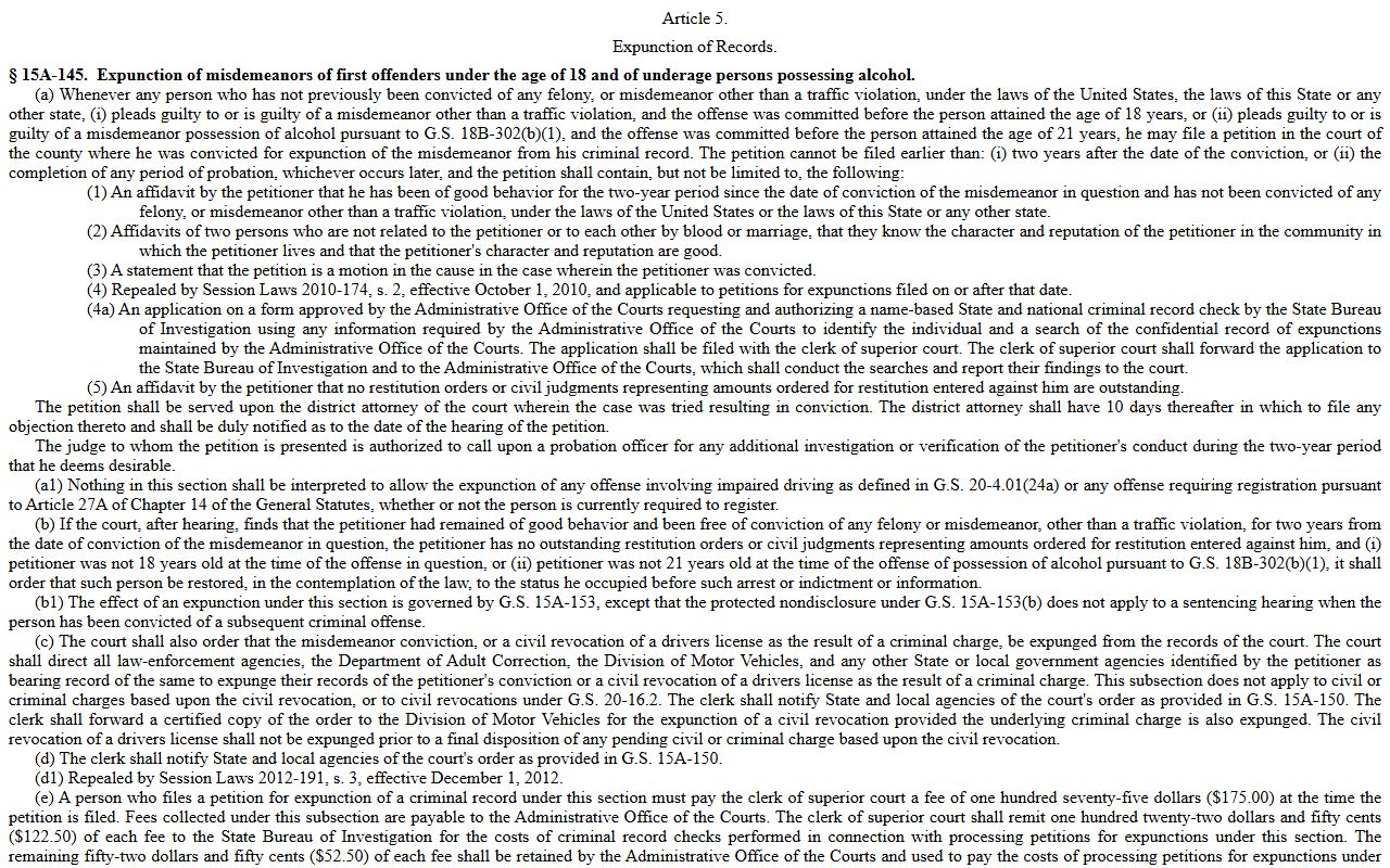 Forsyth County arrest records expunction statute G.S. 15A-145