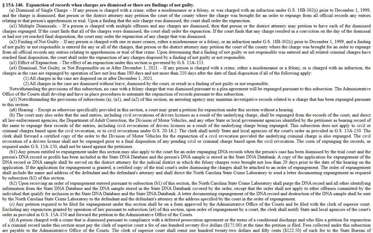 Forsyth County arrest records dismissed charge expunction statute G.S. 15A-146