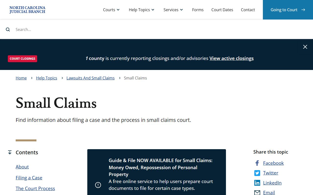 Forsyth County District Court small claims and appeals help topic