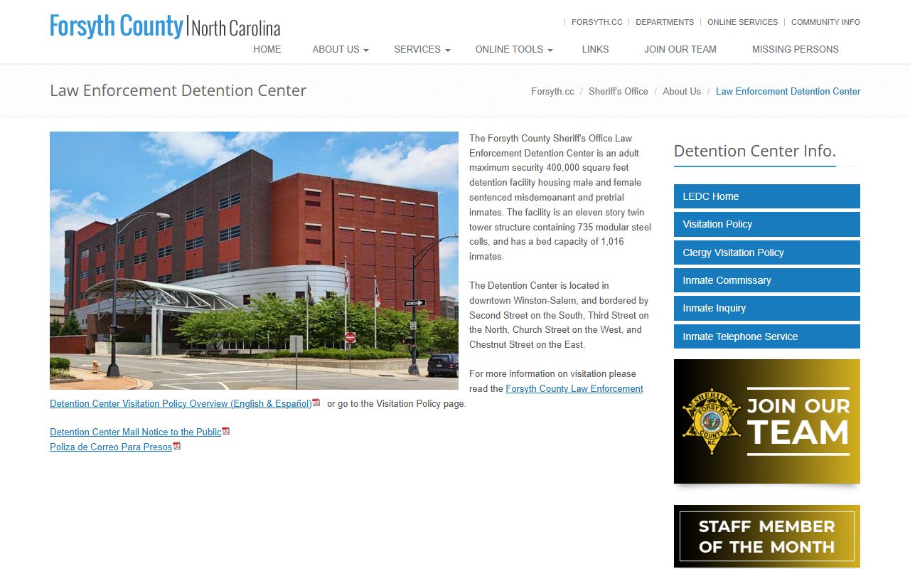 Forsyth County inmate records Law Enforcement Detention Center page