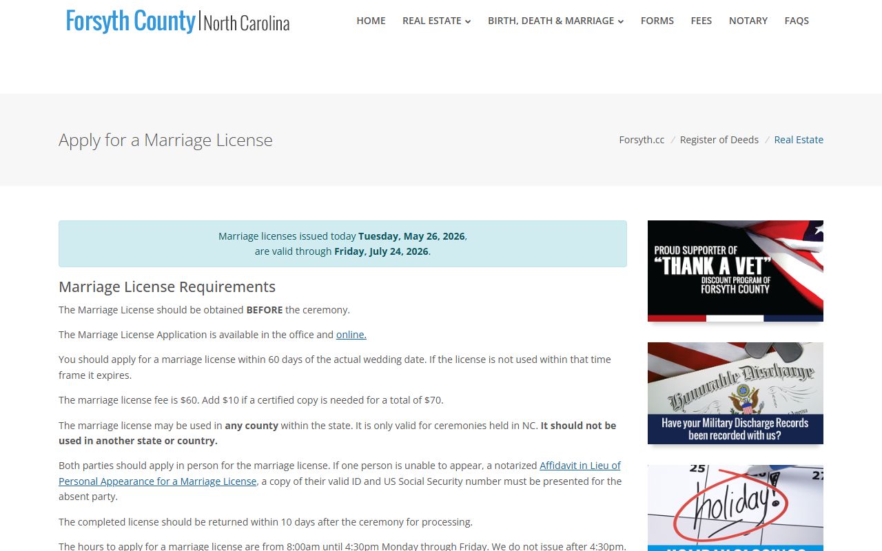 Forsyth County marriage license requirements page for marriage records