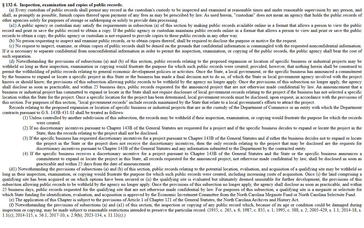 Forsyth County public records law inspection statute G.S. 132-6