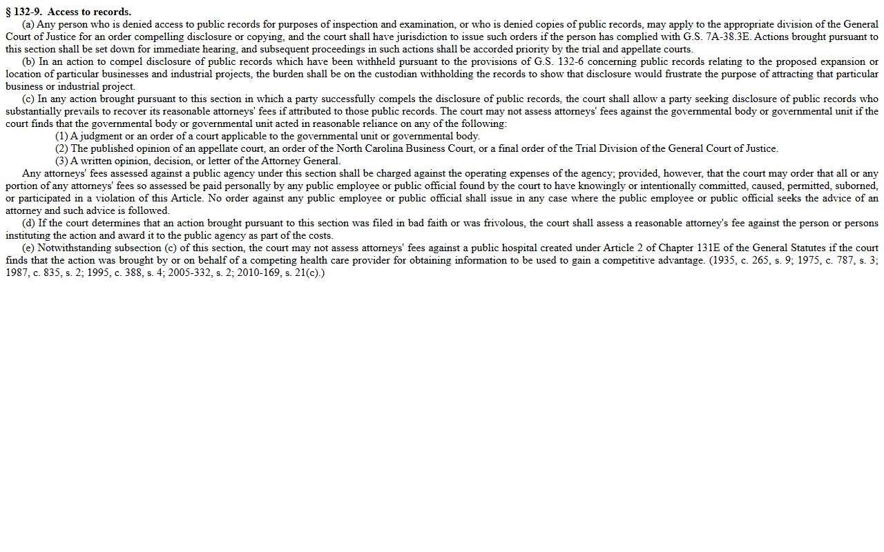 Forsyth County public records law denial remedy statute G.S. 132-9