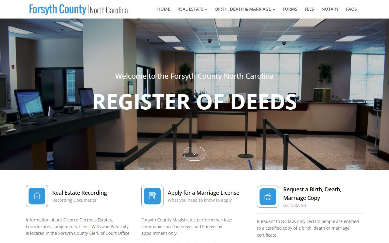 Forsyth County Register of Deeds home page for marriage records