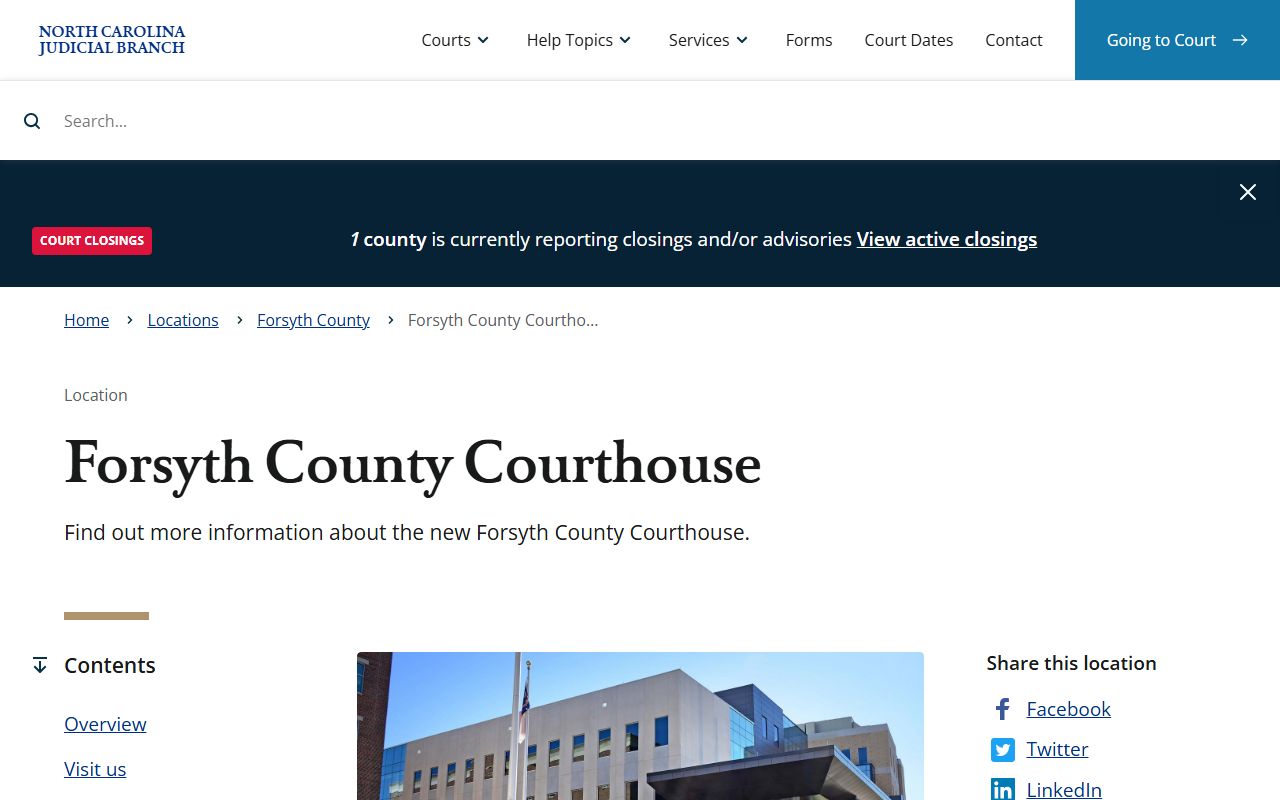Forsyth County Courthouse page with address and hours for court records